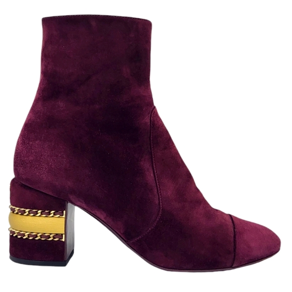 CHANEL CC Logo Cap Toe Suede Boots Double Stack Chain Burgundy 36.5 G36655 - Picture 2 of 16